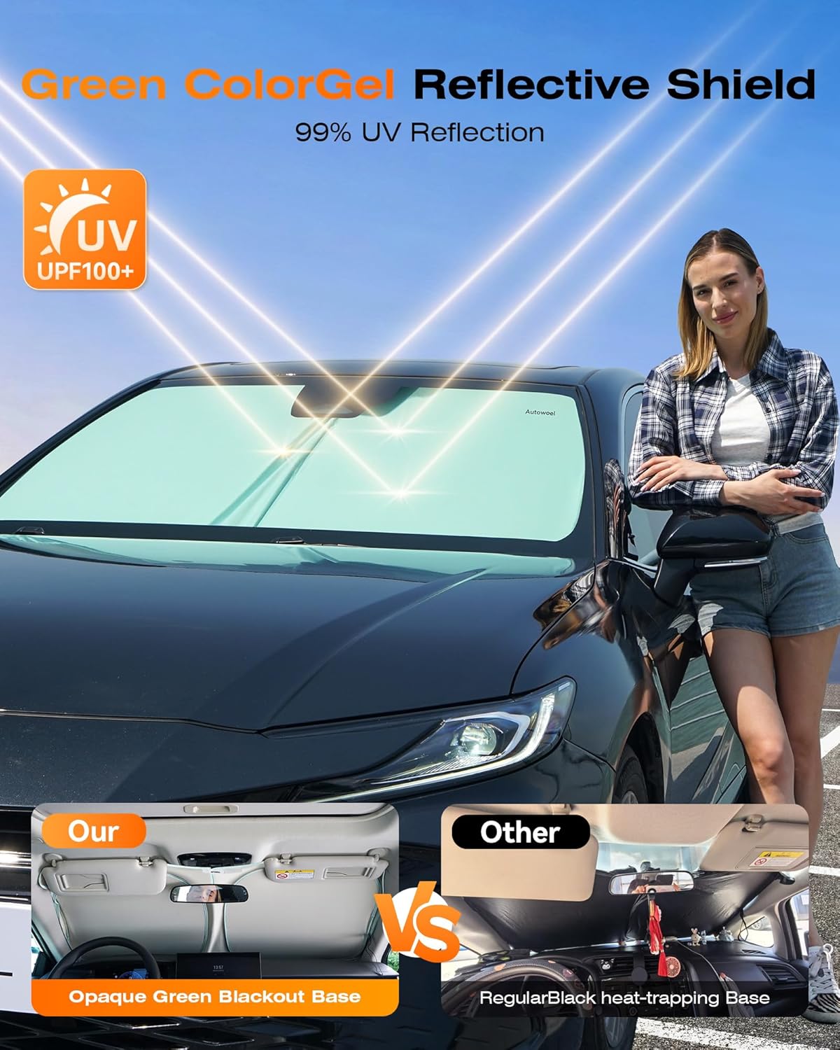 Windshield Sun Shade for Car, Cooling Car Windshield Shade, 99% UV Protection & Heat Insulation, Green & Beige Sunshade with Storage Bag, V-Cut Mirror Opening for Cars SUVs Trucks Vans 64"x 32"