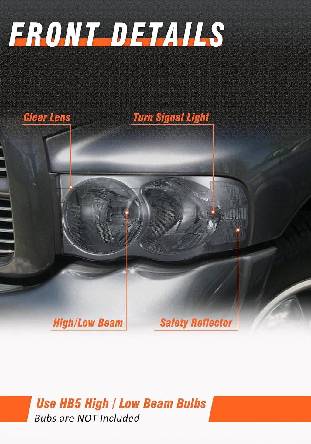 Headlight Assembly for 2002-2005 Dodge Ram 1500 | 2003-2005 Ram 2500/3500 Smoke Housing Clear Reflector Clear Lens Headlamp Replacement Driver and Passenger Side