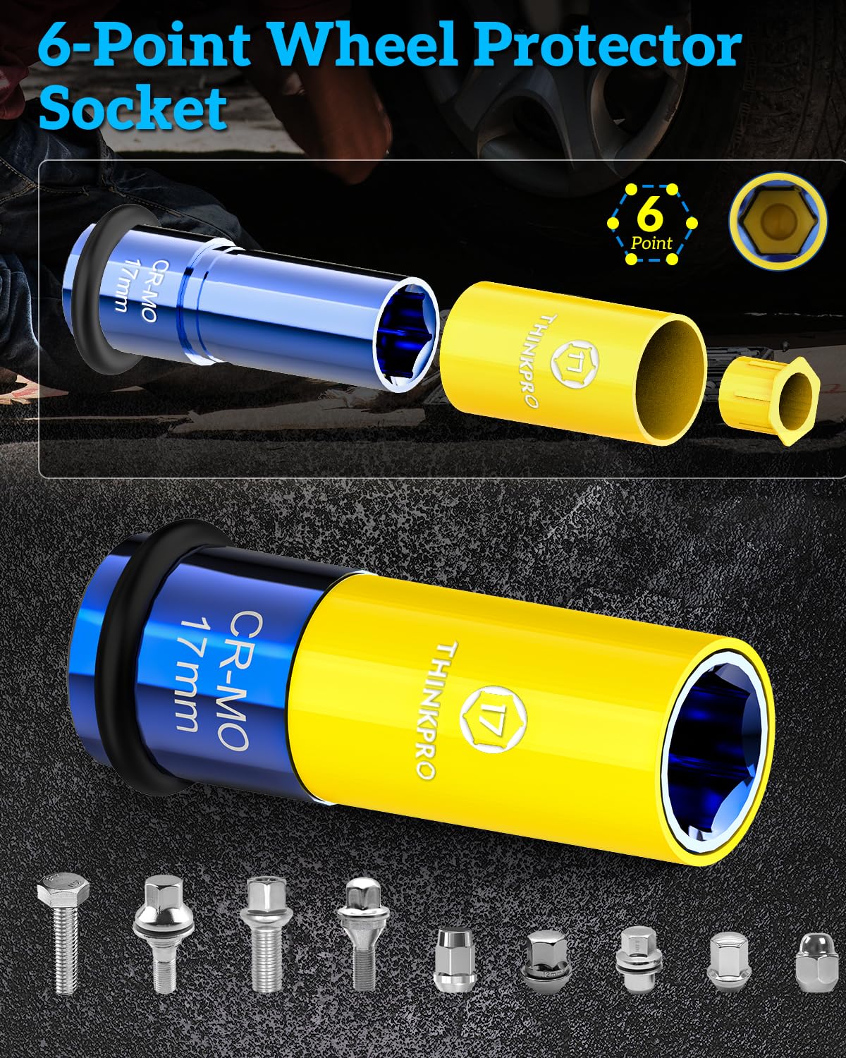 17mm Lug Nut Impact Socket,1/2" Drive Wheel Sockets | Non Marring, Thin Wall, Deep Socket, CR-MO