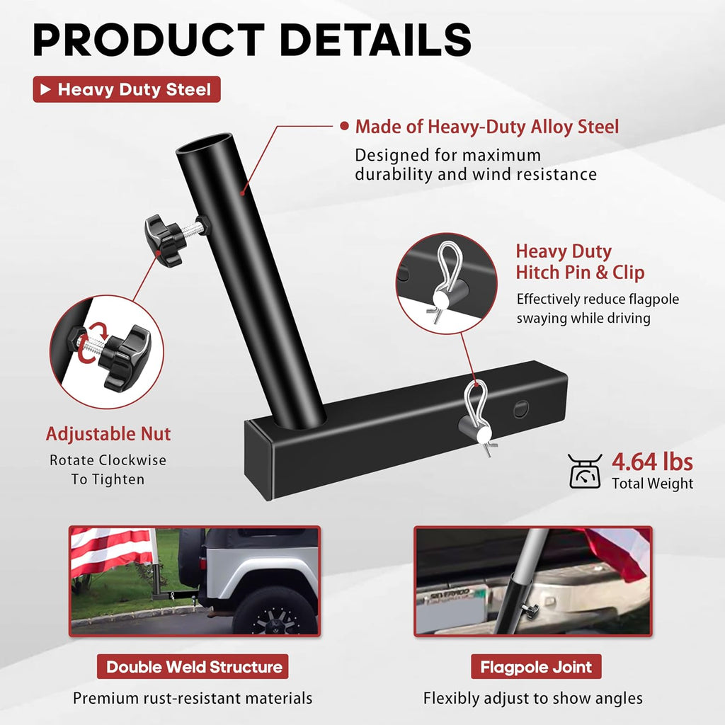 YIYITOOLS Hitch Flag Pole Holder, Heavy-Duty Truck Flag Pole Mount Kit for 2-Inch Receivers, Adjustable Car Flag Pole for Jeep, SUV, RV, Pickup, Trailer – Rust-Resistant, Stable & Easy to Install