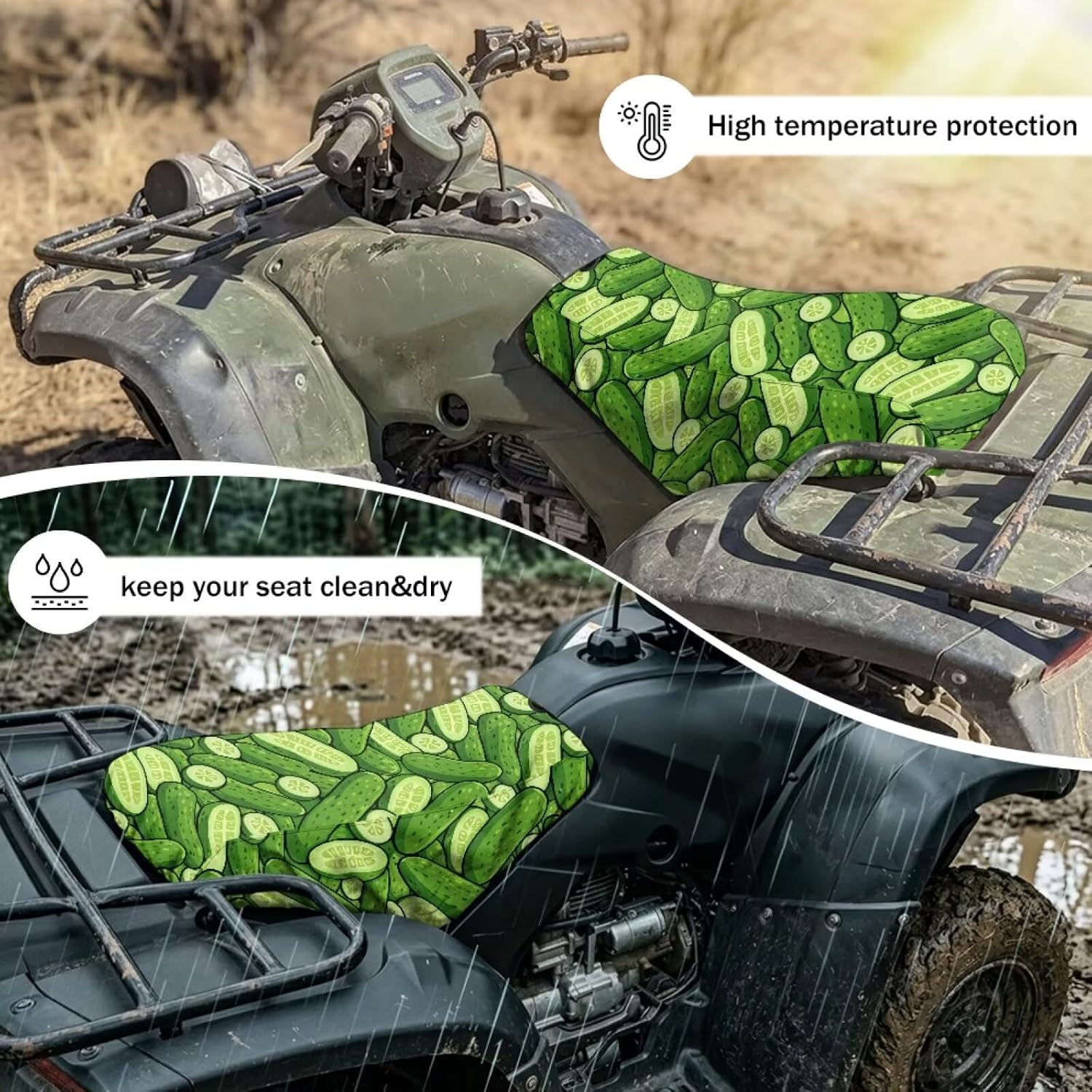 Cucumber Pickle ATV Seat Cover Easy to Install Four Wheeler Seat Cover Waterproof Material ATV Accessories Compatible with Most ATV for Sportsman, Rancher, Scrambler