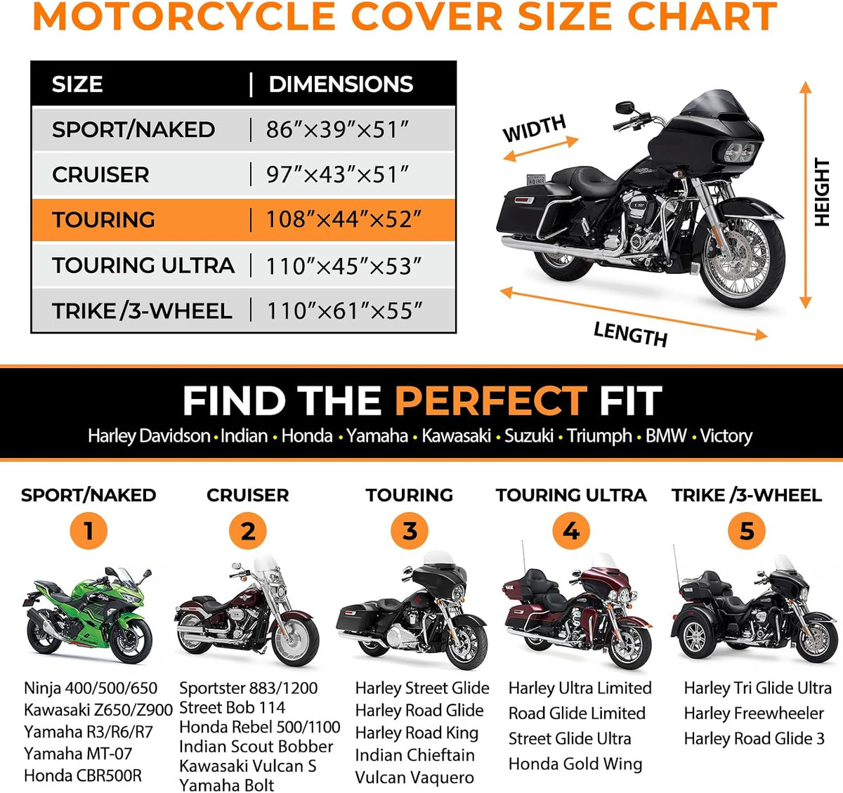 Motorcycle Cover for Harley Davidson Road Glide Street Glide Road King Electra Glide Heritage Classic and More, Waterproof Heavy Duty All Weather Outdoor Storage, Touring Bike Cover