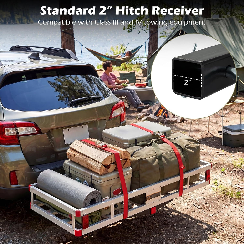 Goplus Hitch Cargo Carrier, Aluminum Hitch Mount Cargo Basket with 500LBS Capacity, Fits 2” Receiver, 60” x 22” x 7” Trailer Hitch Cargo Carrier for Vehicle Car SUV Truck