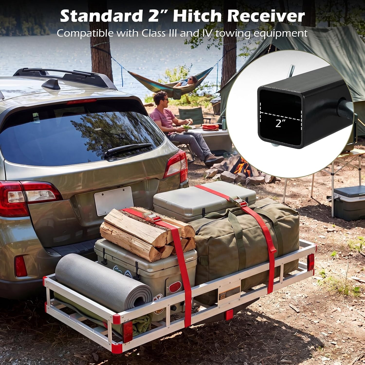 Goplus Hitch Cargo Carrier, Aluminum Hitch Mount Cargo Basket with 500LBS Capacity, Fits 2” Receiver, 60” x 22” x 7” Trailer Hitch Cargo Carrier for Vehicle Car SUV Truck
