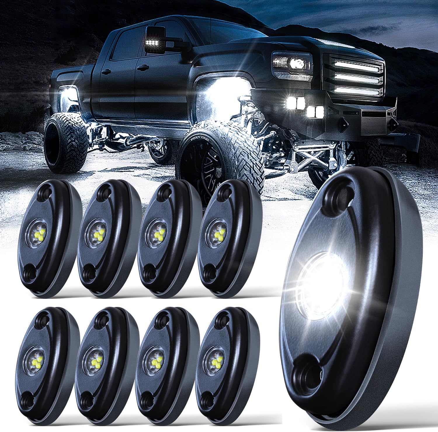 LEDMIRCY LED Rock Lights White 8PCS for Off Road Trucks RZR Boat ATV UTV SUV High Power Underbody Neon Lights Underglow Trail TRAI Rig Light Waterproof Shockproof(8PCS-White)