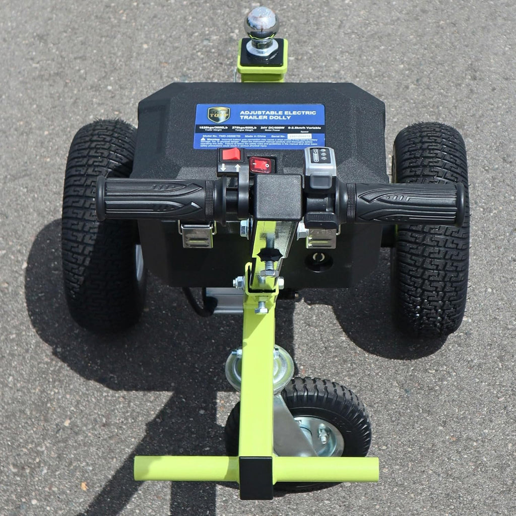 Tow Tuff Electric Trailer Dolly w/ 13" Tires & 8" Swivel Caster Wheel, 3500 lb Capacity, Green - 22" to 28.35" Adjustable Ball Height, 1.5 Mph Speed, Fits 2" Ball Mount, Utility, Boat or Cargo Use