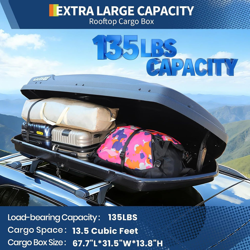 Garvee Rooftop Cargo Box Carrier,Dual-Side Opening Vehicle Hard-Shell Carriers, Roof Mount Travel Luggage Storage, 135 LBS Weight Capacity with Secure Straps&Keys,Black (13.5Cubic)