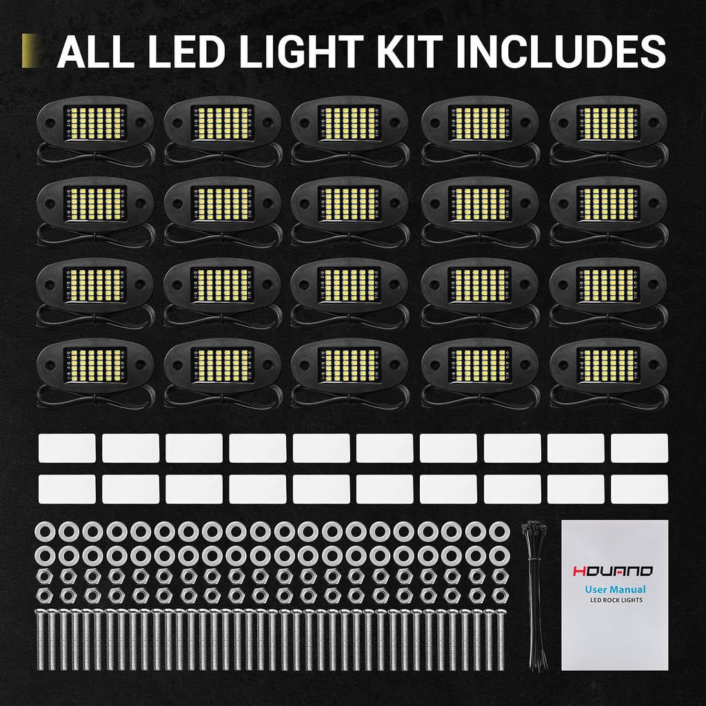 Hovano 20 Pods White Rock Lights 6000K Pure White 36 LEDs SMD Chips Super Bright Neon Underglow Light IP68 Waterproof for Pickup Trucks SUV UTV ATV RZR Car Boats (White)