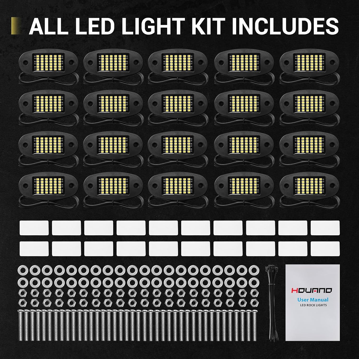 Hovano 20 Pods White Rock Lights 6000K Pure White 36 LEDs SMD Chips Super Bright Neon Underglow Light IP68 Waterproof for Pickup Trucks SUV UTV ATV RZR Car Boats (White)