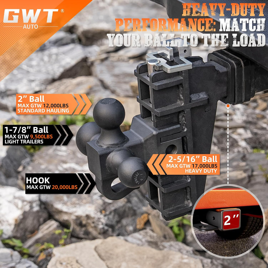 GWTAUTO Adjustable Trailer Hitch with Hook, Tri-Ball (1-7/8" x 2" x 2-5/16") Drop Hitch, Fits 2-Inch Receiver, 6 Inch Drop Hitch, 17000 LBS GTW Tow Hitch for Heavy Duty Truck, Solid Ball Mount