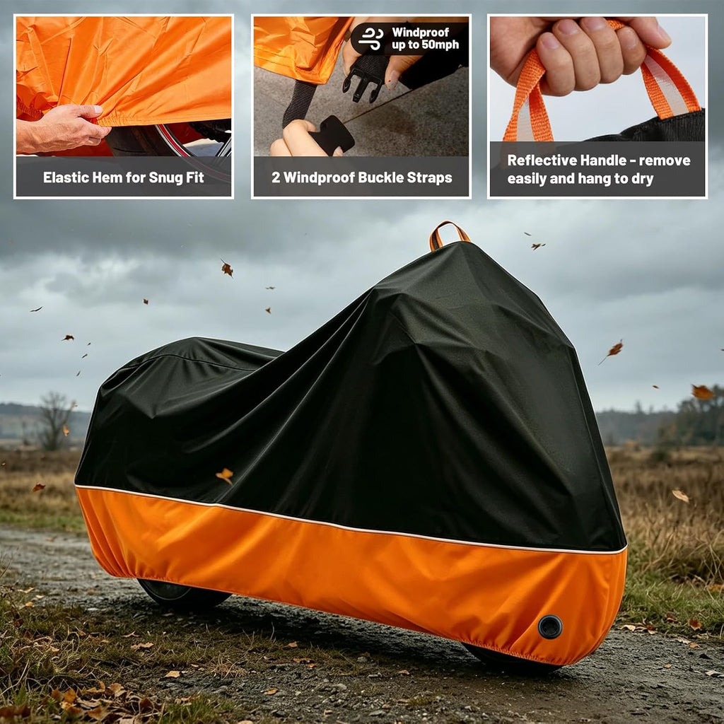Motorcycle Cover All Season Waterproof Sun Outdoor Protection, Fits up to 96.5" Motorcycle Powersports Vehicle Covers, Black and Orange (Lockholes & Storage Bag)