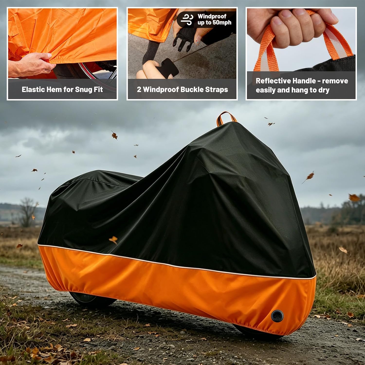 Motorcycle Cover All Season Waterproof Sun Outdoor Protection, Fits up to 96.5" Motorcycle Powersports Vehicle Covers, Black and Orange (Lockholes & Storage Bag)
