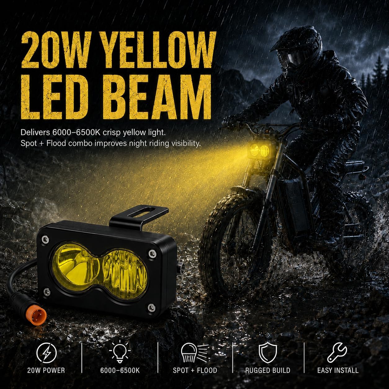 Upgrade LED Baja Headlight for Ridstar Q20/Q20 Lite/Q20 Pro,20W 6000-6500K Waterproof 3-Pin Plug and Play w/Mount Bracket,Yellow High Beam Light