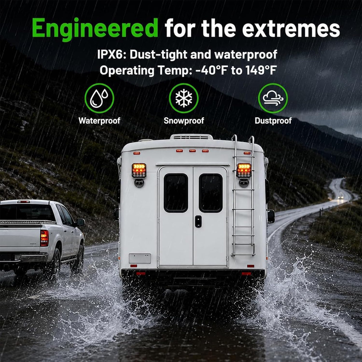 wireless trailer lights, solar rechargeable magnetic tow lights, front angle view