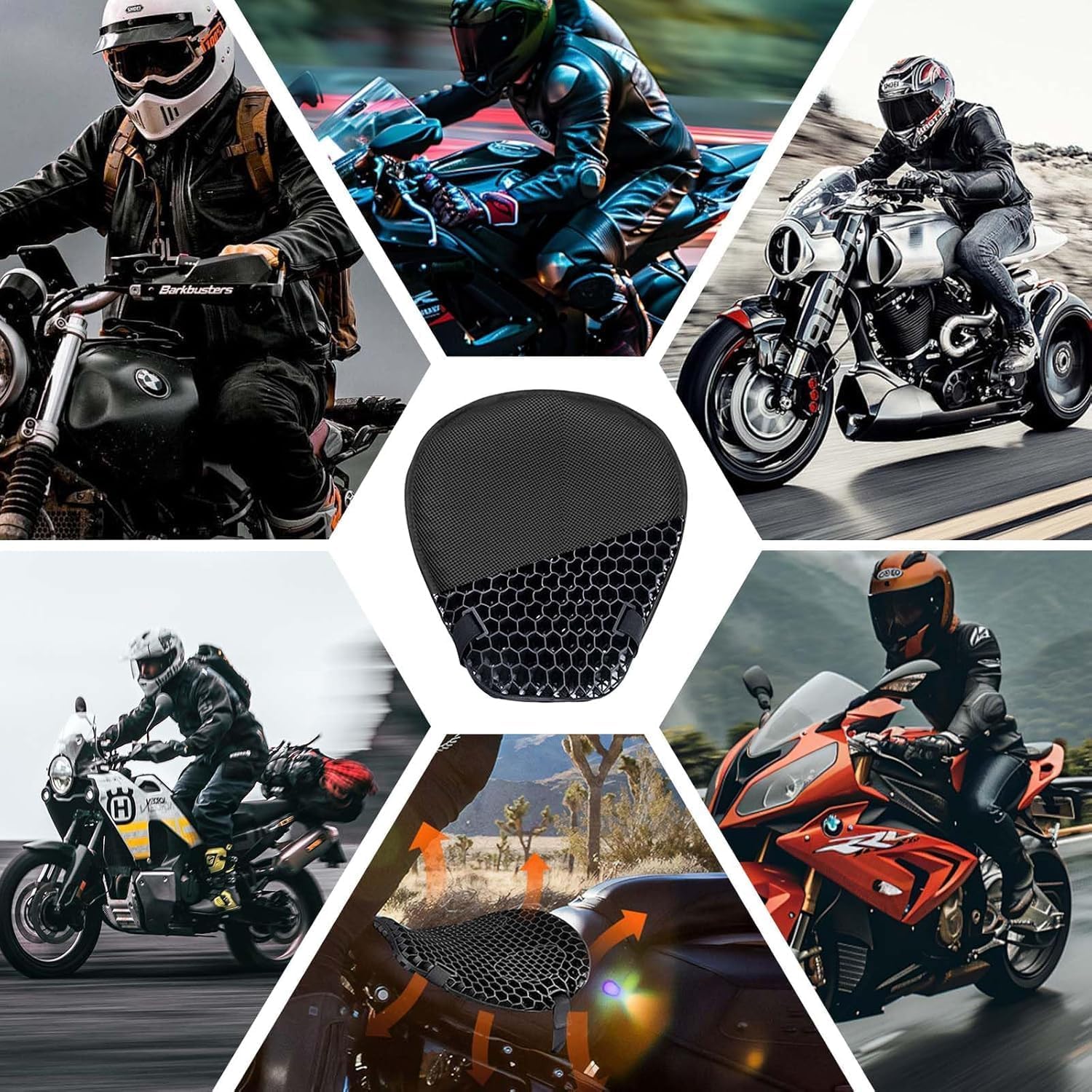 Foldable Motorcycle Gel Seat Cushion, Large 3D-Honeycomb Structure Shock Absorption & Breathable Motorcycle Gel Seat Pad for Long Rides