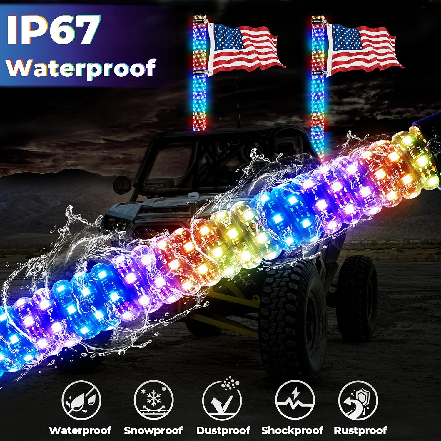 2 Pack 3FT Fat Whip Lights with App & Remote Control, Spiral RGB Chasing Lighted with Kill Switch, Side by Side Whip Lights with 4 Flags for UTV ATV SXS Truck, Multi Color, Waterproof, Music Mode