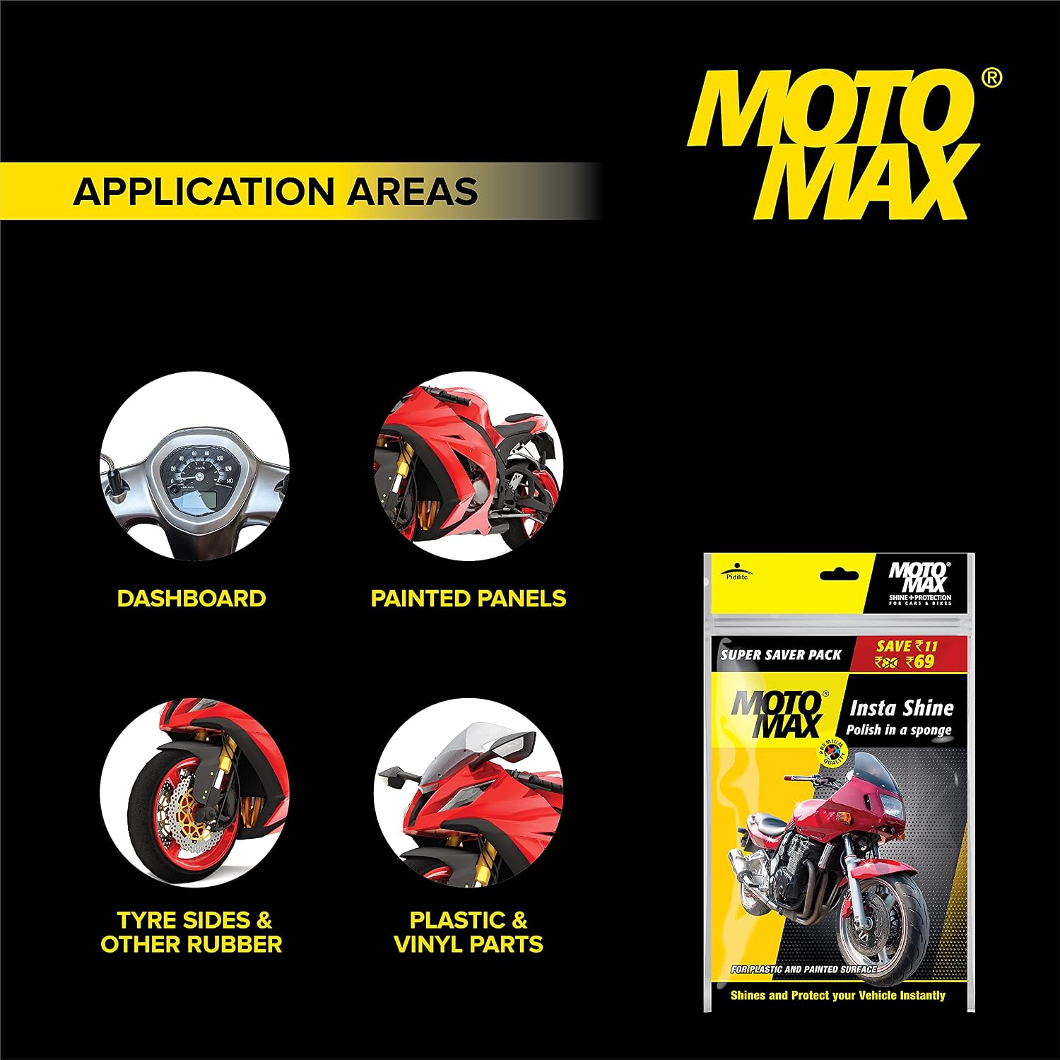 Pidilite Plastic Motomax Instashine Sponge 4 in 1 Zipper Pouch for Paint & Exterior Care, Instantly Cleans & Shines Bikes, Micro-Fiber Sponge to Instantly Remove Oil, Dirt
