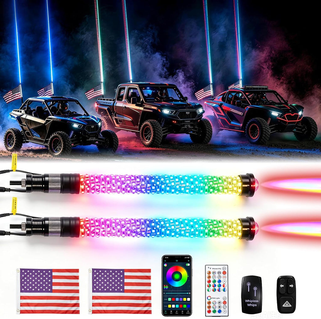 2-in-1 2FT Fat Whip Lights, Whipless LED Whip Lights with Rocker Switch, Remote & APP Control, 360° Spiral Multi-Color Lights, Compatible with Polaris, Can-Am, CFMOTO, ATVs (2 Pack)