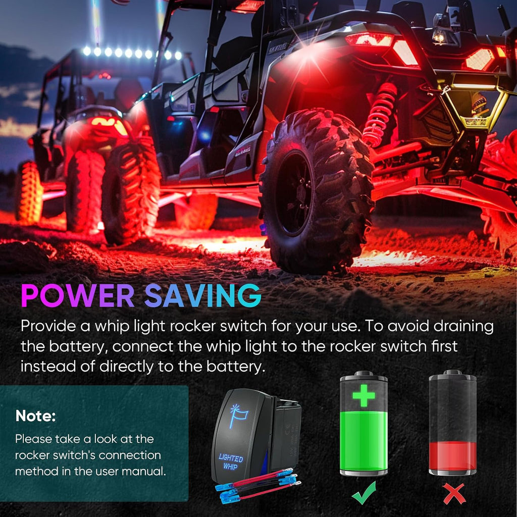 2PCS 4FT Whip Light and 4PCS Rock Light Combo Kit with Spring Base, Switch, App Control, Universal for UTV/ATV/RZR/SxS/Can-am