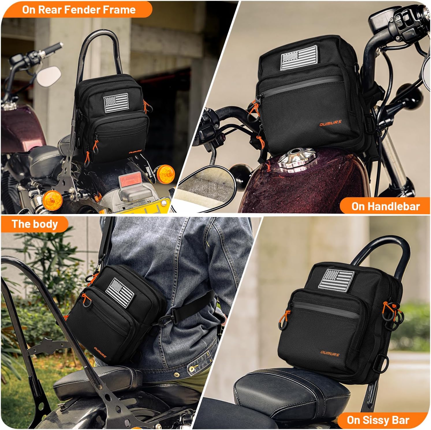 Oumurs Motorcycle Handlebar Bags,1680D Water-resistant Universal Bar bag American Flag Sissy Bar Bag Front Fork Storage Accessory Bag, For Softail Dyna Sportsters Dirt Bike Scooter E-bike Bicycle Blue
