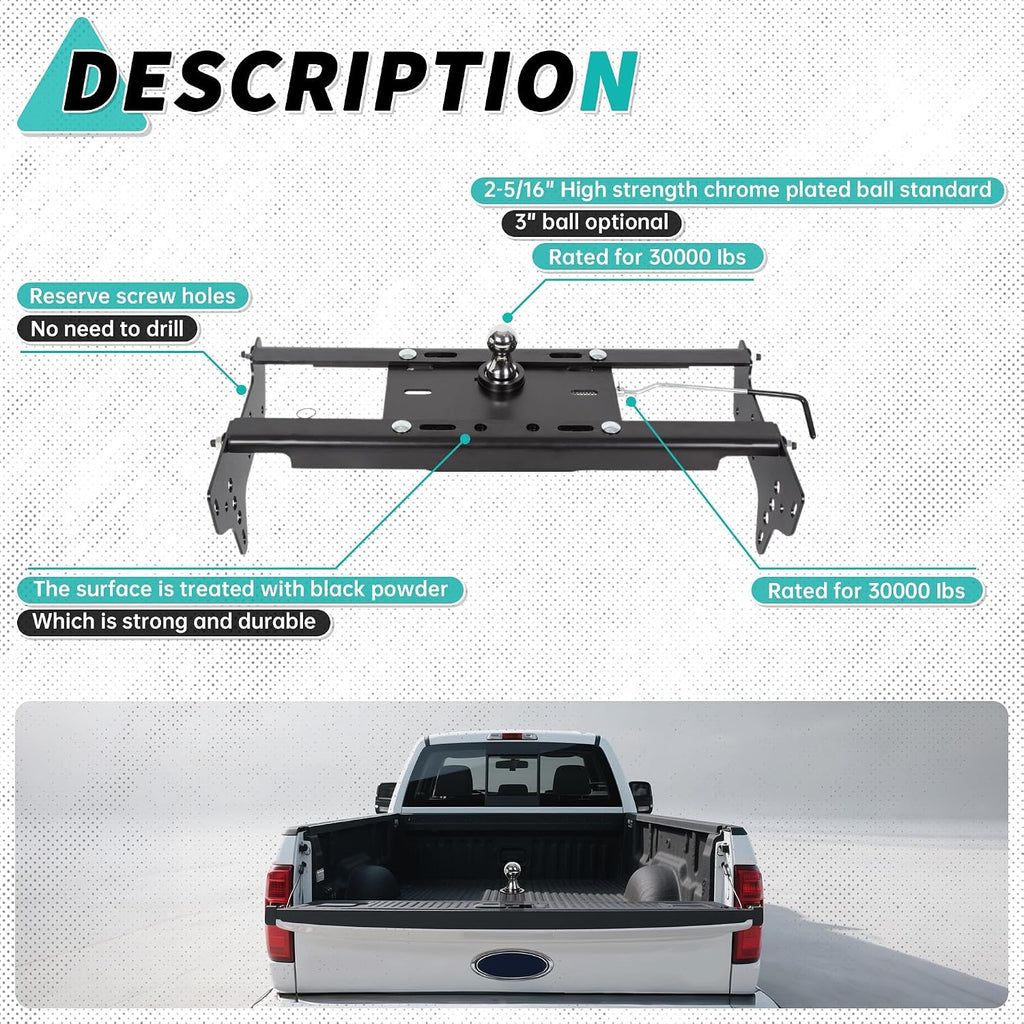 ECOTRIC Gooseneck Trailer Hitch Compatible with 1999-2016 Ford F250 F350 Super Duty Complete Underbed Gooseneck Rail Trailer Hitch System Kit, 2-5/16-In. Flip-Over Ball, 30,000 lbs