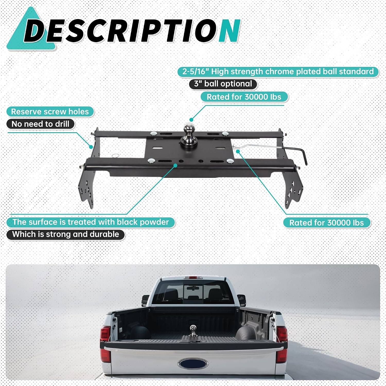 ECOTRIC Gooseneck Trailer Hitch Compatible with 1999-2016 Ford F250 F350 Super Duty Complete Underbed Gooseneck Rail Trailer Hitch System Kit, 2-5/16-In. Flip-Over Ball, 30,000 lbs
