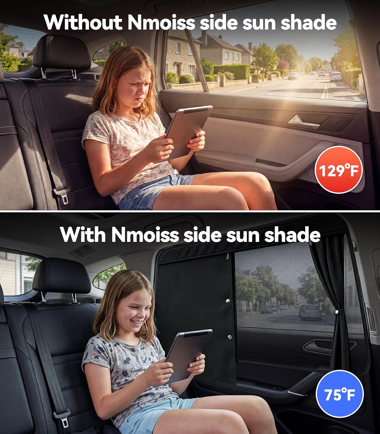 Nmoiss [2026 Upgraded] Car Window Shades for Baby [Blocks 100% UV & Harsh Sunlight] (2 Pack) Double Layer Side Window Curtains Roll Windows Down Privacy Full Covers/Half Shade Options Large