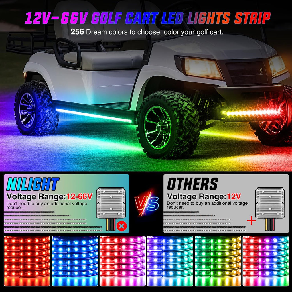 Nilight 6PCS Golf Cart Underbody Light Kit with Canopy Lights Dream Color Multi-Mode Neon Accent Lighting APP Remote Control Sound Active Music Sync IP67 Waterproof 12V-66V for EZGO Yamaha Club Car