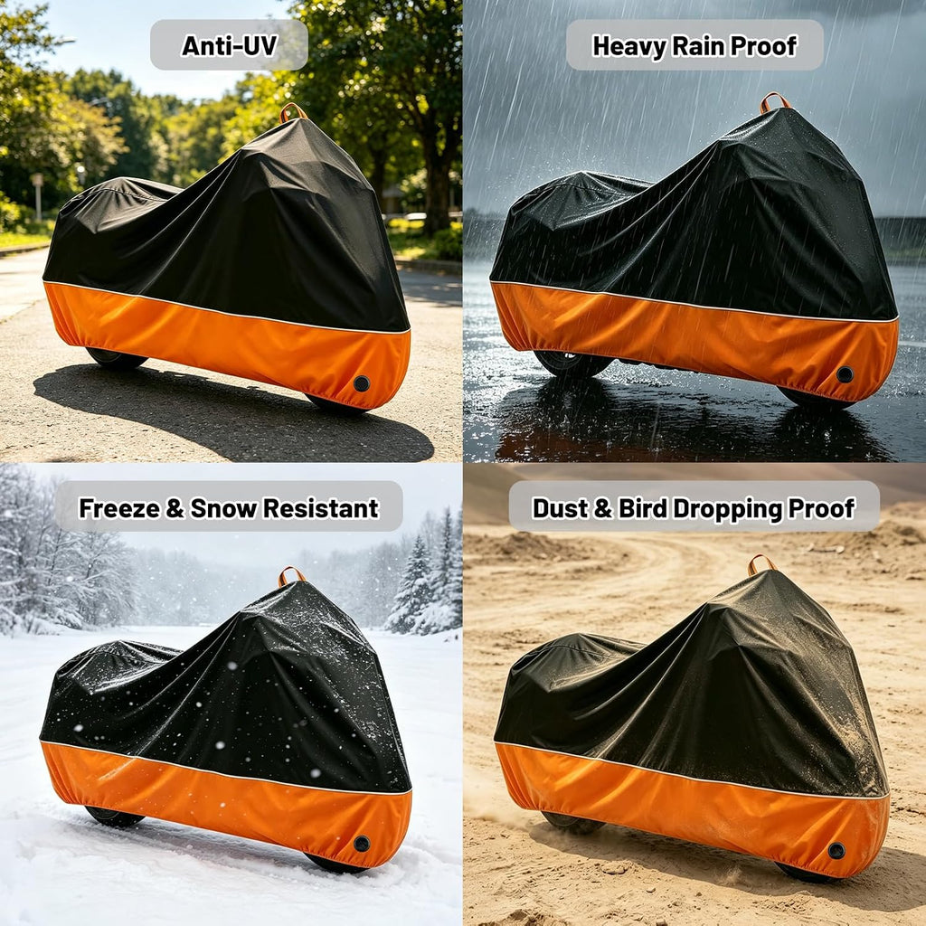 Motorcycle Cover All Season Waterproof Sun Outdoor Protection, Fits up to 96.5" Motorcycle Powersports Vehicle Covers, Black and Orange (Lockholes & Storage Bag)