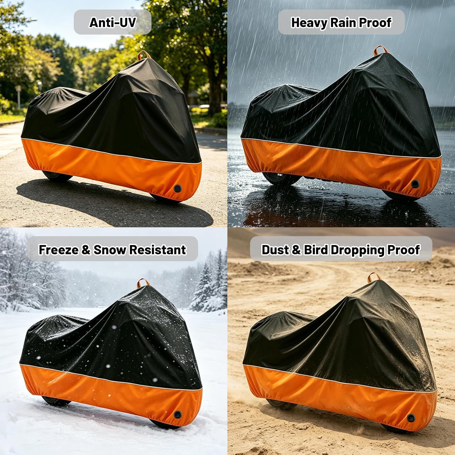 Motorcycle Cover All Season Waterproof Sun Outdoor Protection, Fits up to 96.5" Motorcycle Powersports Vehicle Covers, Black and Orange (Lockholes & Storage Bag)