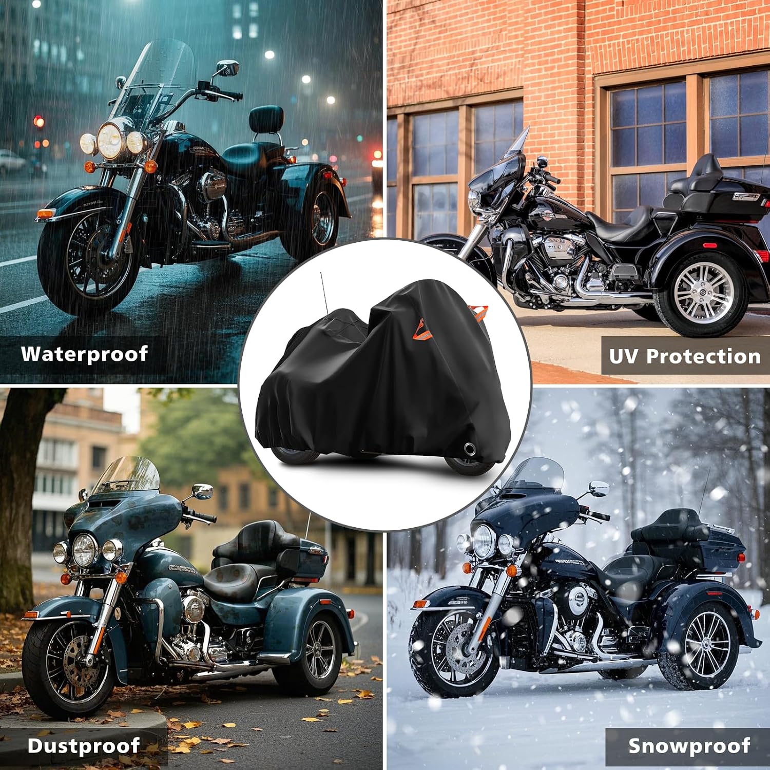 Trike Cover for Harley-Davidson Honda Gold Wing Kawasaki 3 Wheeler Motorcycle Outdoor Waterproof Storage Cover with Antenna Opening Windproof Buckle (Black)