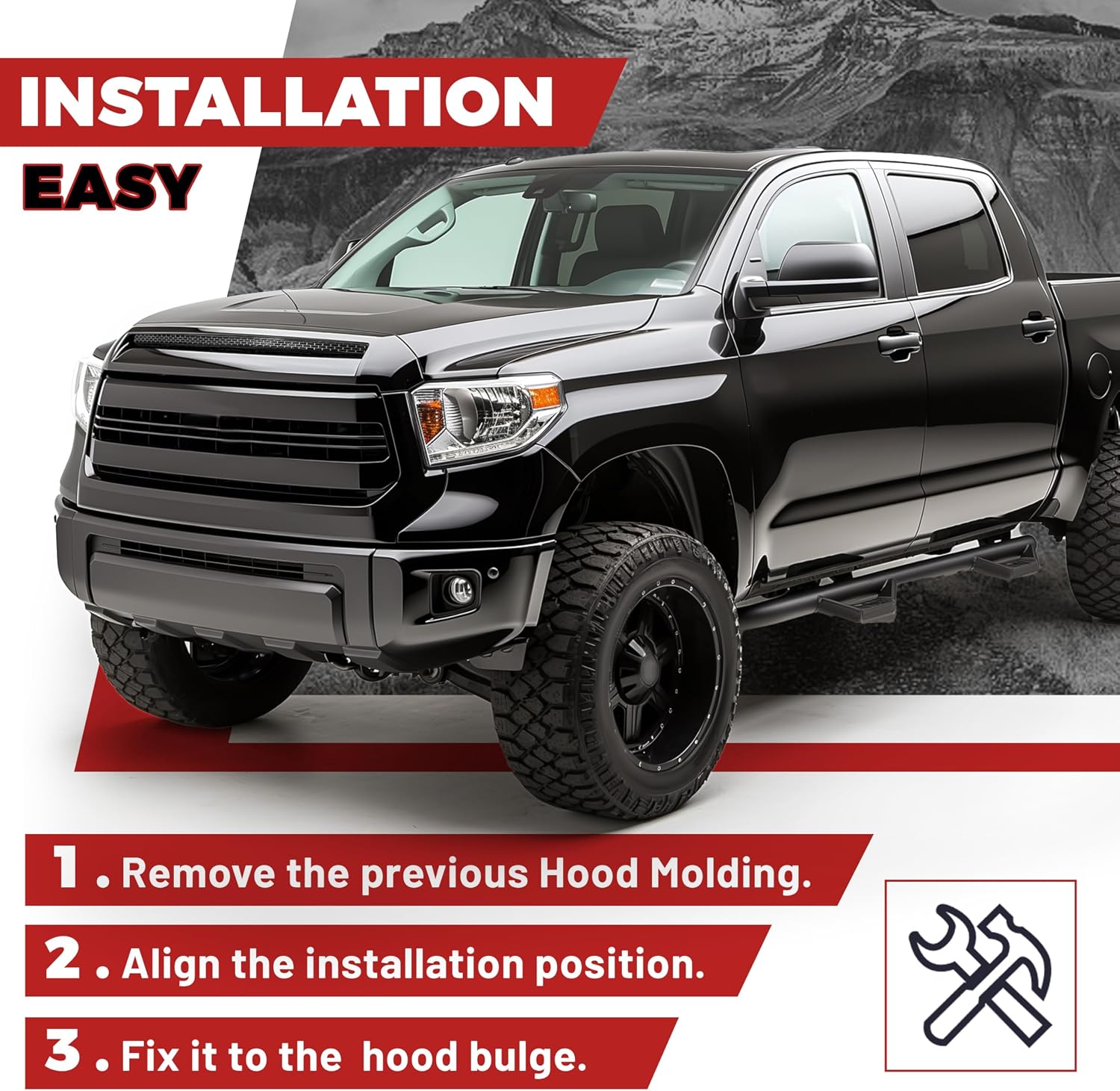 HECASA Hood Scoop Compatible with 2014-2021 Toyota Tundra Replacement for 761800C030 TO1231102 REPT133702 Front Black Upper Grille Bulge Molding Platinum Style