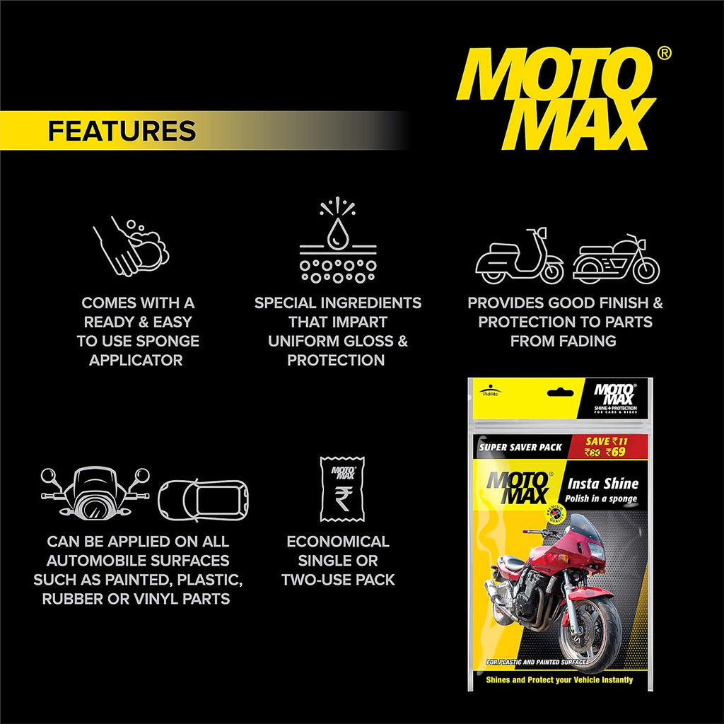 Pidilite Plastic Motomax Instashine Sponge 4 in 1 Zipper Pouch for Paint & Exterior Care, Instantly Cleans & Shines Bikes, Micro-Fiber Sponge to Instantly Remove Oil, Dirt