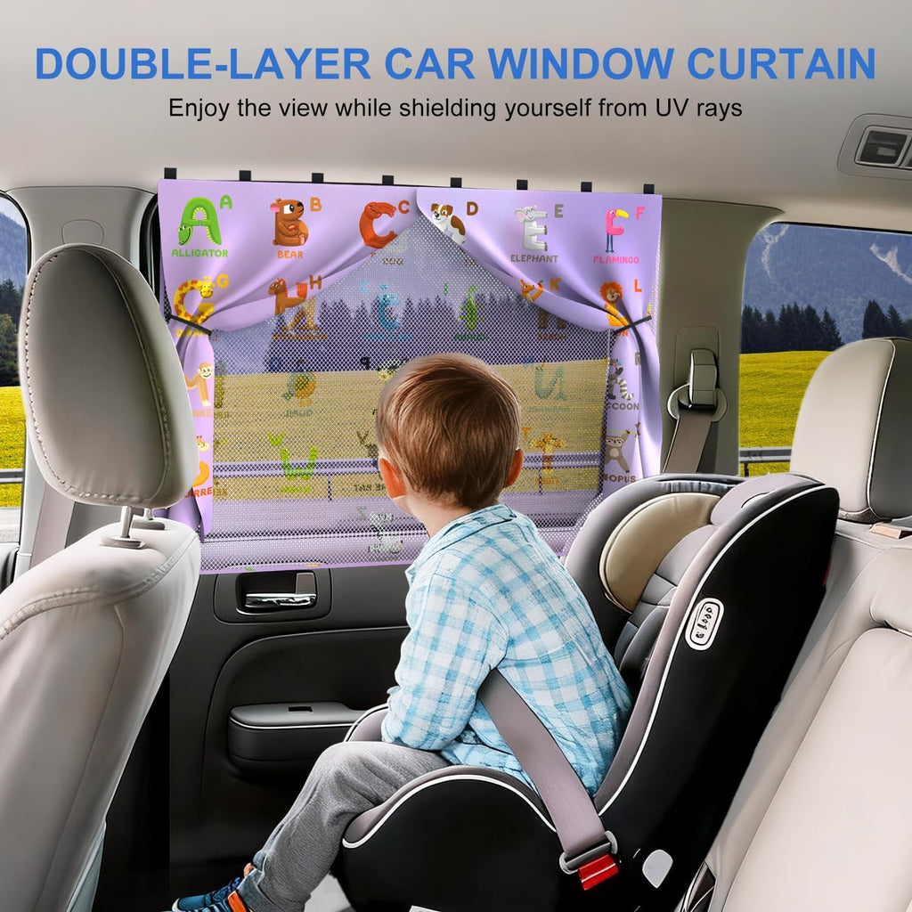 Car Window Shades, [Upgraded] 8 Strong Magnets Magnetic Side Window Sun Shade [2 Pack] - Dual Layer UV Ray Protection Car Sunshade for Baby, Kids & Pets.Animal Alphabet Pattern