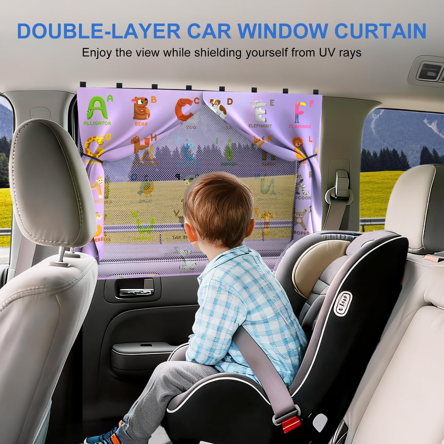 Car Window Shades, [Upgraded] 8 Strong Magnets Magnetic Side Window Sun Shade [2 Pack] - Dual Layer UV Ray Protection Car Sunshade for Baby, Kids & Pets.Animal Alphabet Pattern