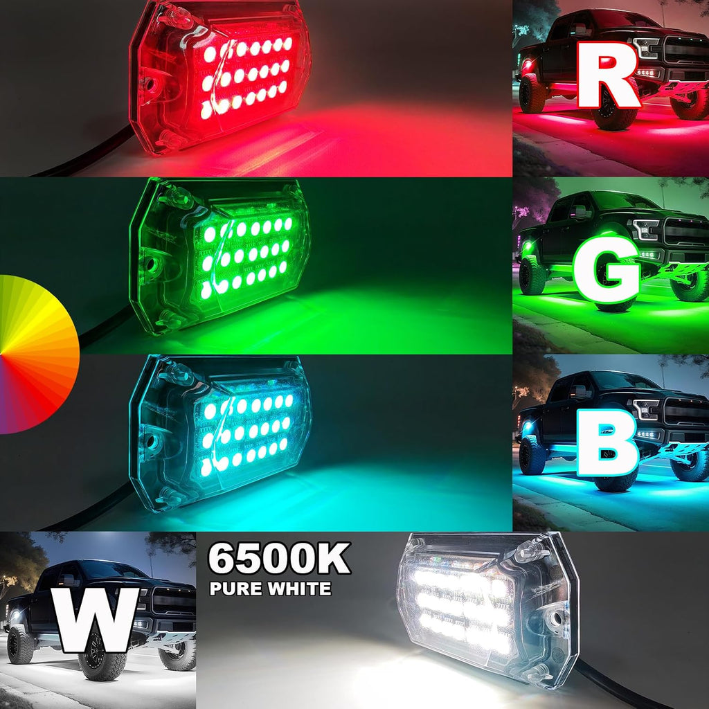 8 Pods Full Angle RGBW LED Rock Lights, 6500K Pure White RGB Rock Light for Jeeps Truck Golf Cart ATV UTV RZR Pickup Underbody, 12V Waterproof Multicolor Underglow Kit with APP/RF Control Sync Music