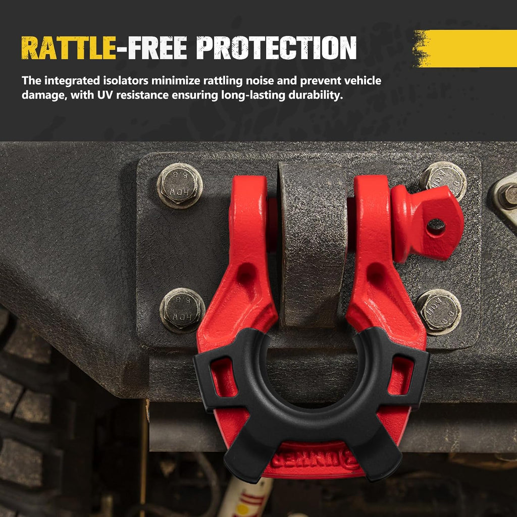 BUNKER INDUST 3/4" D Ring Shackle with 7/8" Pin,Red Tow Shackles with Isolator for Use with Tow Strap, Winch, 2 Pack Off-Road Recovery Shackle for Jeep Truck Vehicle ATV UTV, 42,000lbs Break Strength