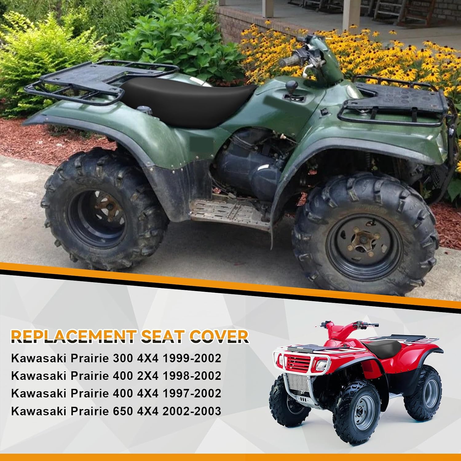 Seat Cover Replacement for 1997-2003 Kawasaki Prairie 300 4x4, 400 2x4/4x4, 650 4x4, Replacement Leather Seat Cover, Black