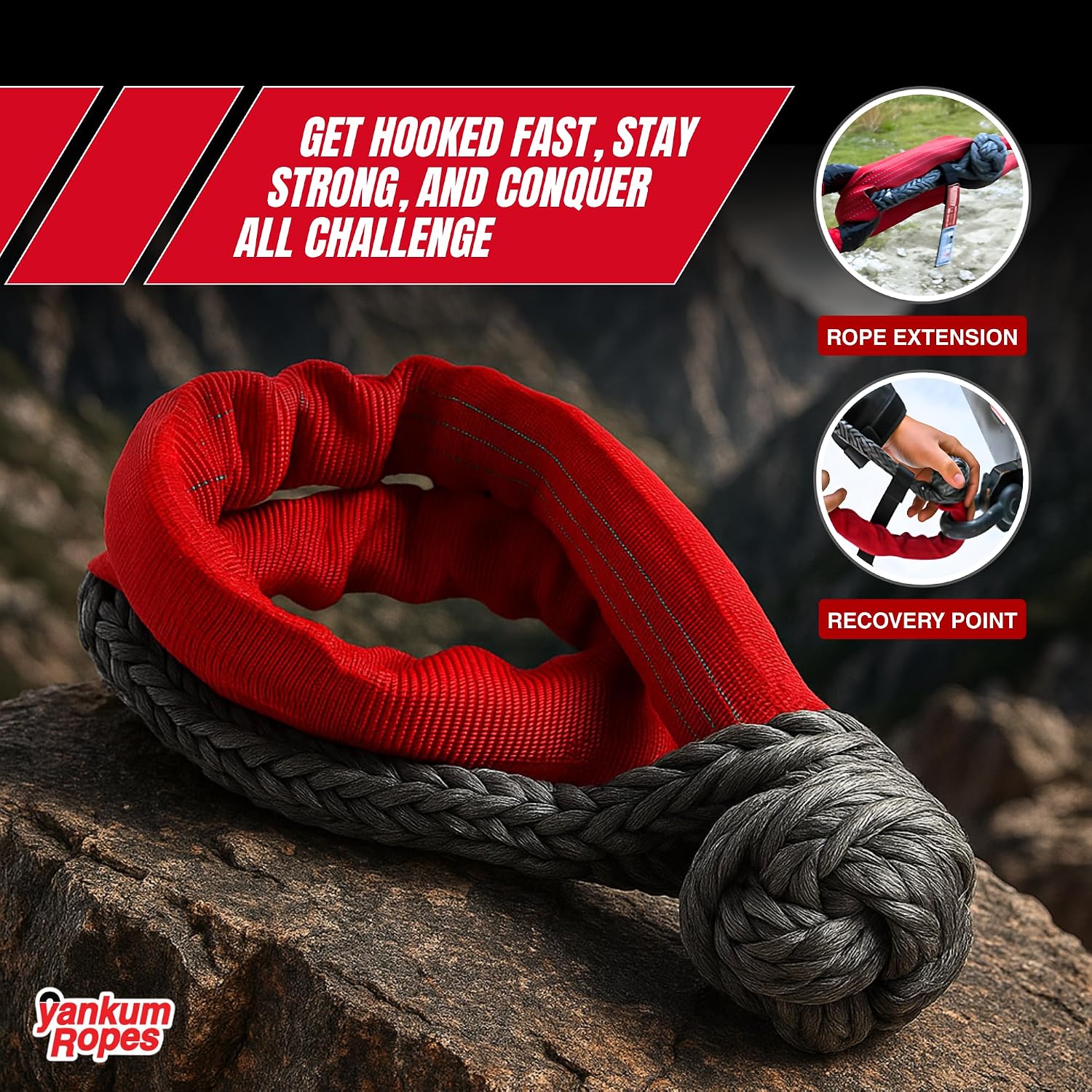 Yankum Kinetic Recovery Rope 1”x30’, 2 Soft Shackle 7/16” & Nylon Bag (Medium) – Heavy Duty Tow Rope, Synthetic Recovery Shackle, Waterproof Tool Bag for Off-Road, Jeep, Truck Recovery, Made in USA