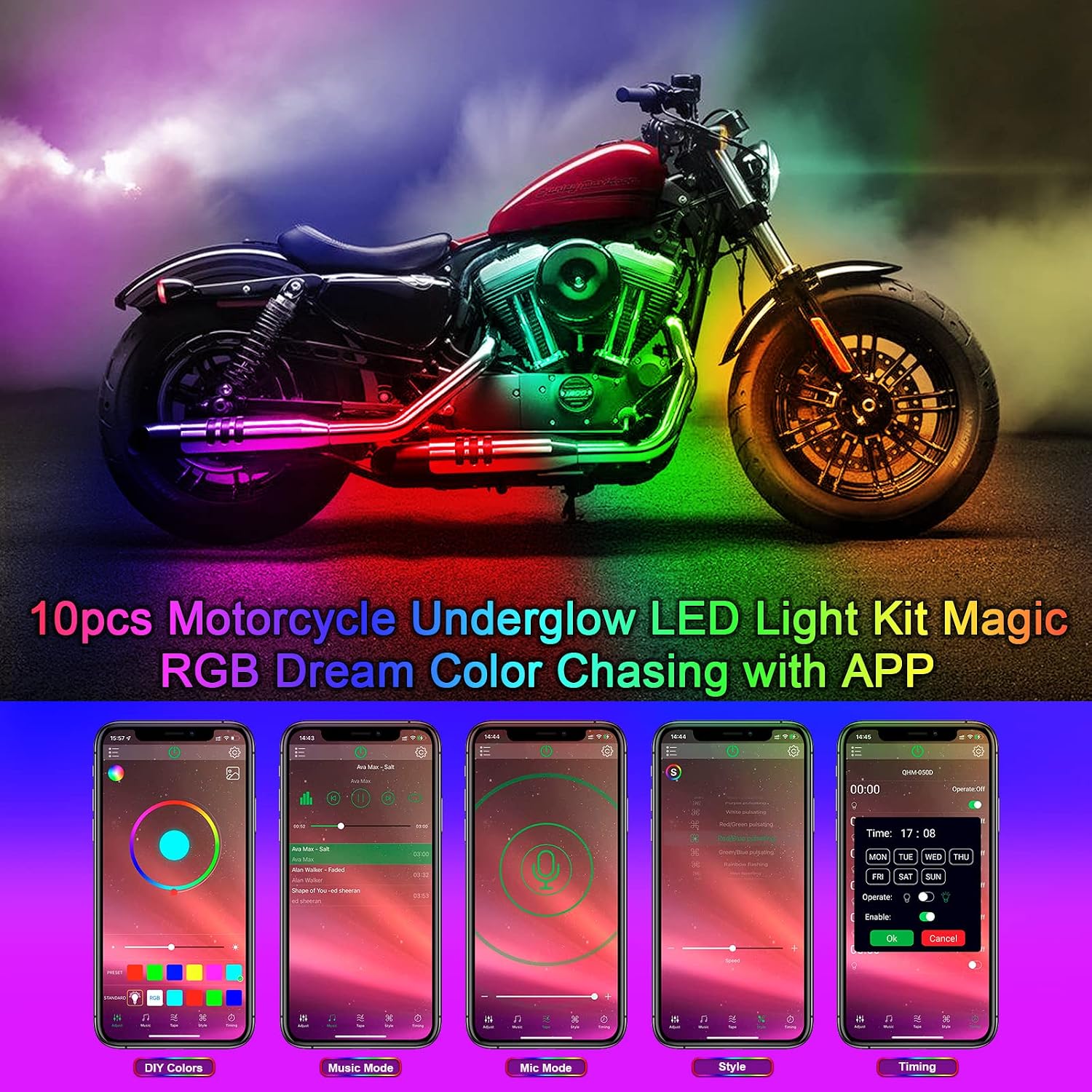 10Pcs Motorcycle LED Underglow Kit, RGB LED Strips Lights with APP Control, Compatible with Harley Davidson, Honda, Kawasaki, Suzuki