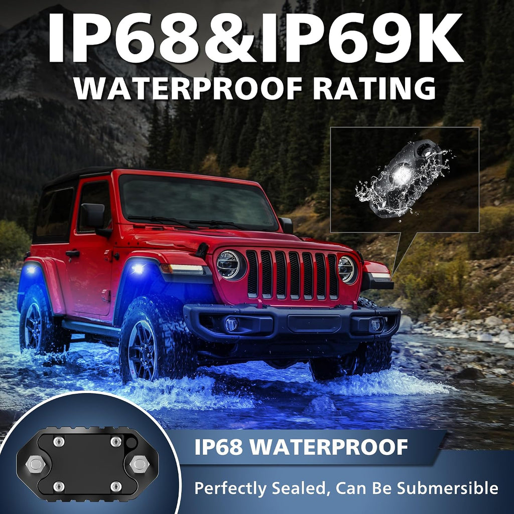 4WDKING Red LED Rock Lights, 4 Pods IP68 Waterproof Underbody Glow Trail Rig Lamp LED Neon Lights for Truck Off Road Truck Car Boat ATV SUV Motorcycle