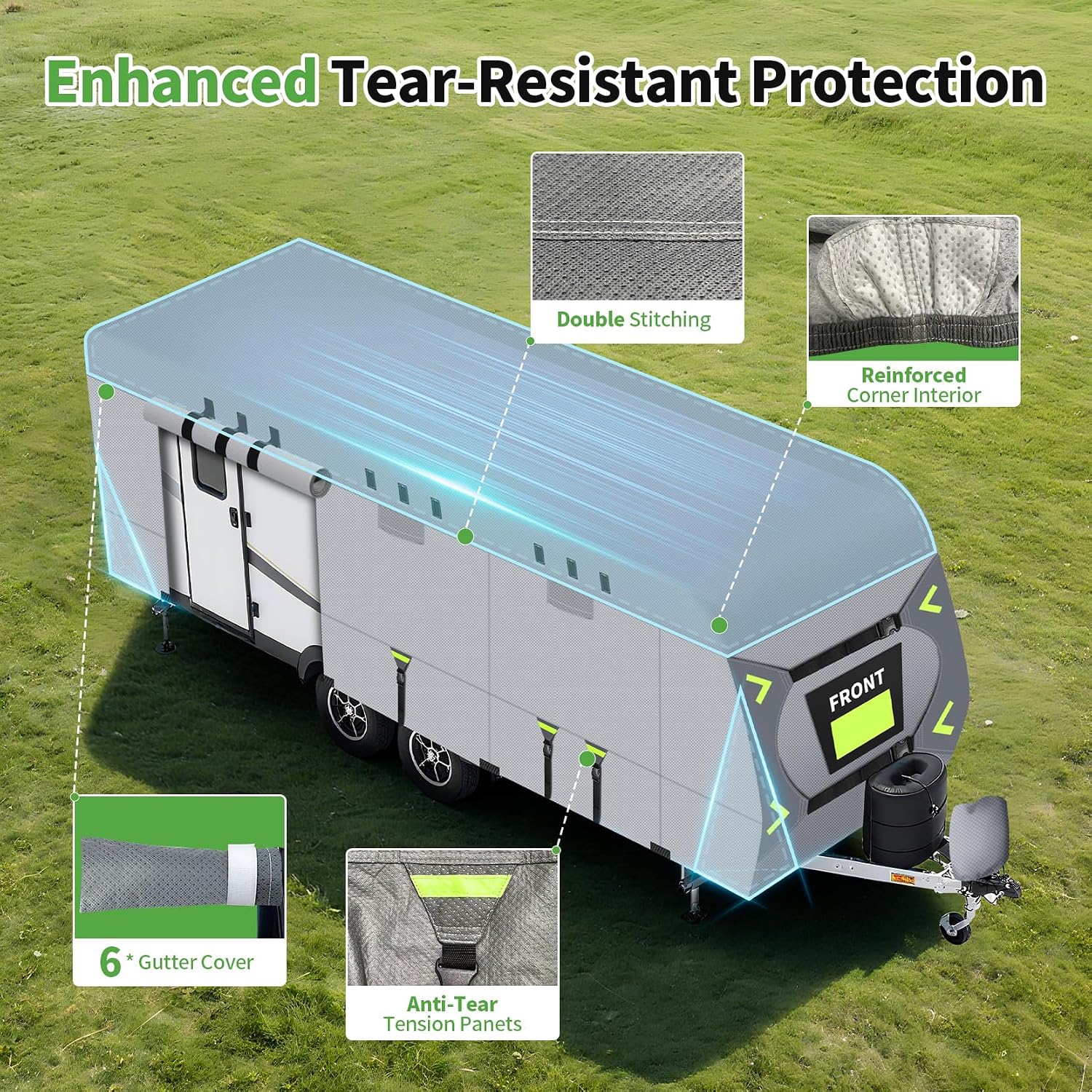 Heavy Duty 8 Layers RV Cover 18-20ft, Rip-Stop Motorhome Camper Cover with Windproof Straps, Gutter & Tongue Jack Covers, Utility Travel Trailer Cover for All Weather Protection
