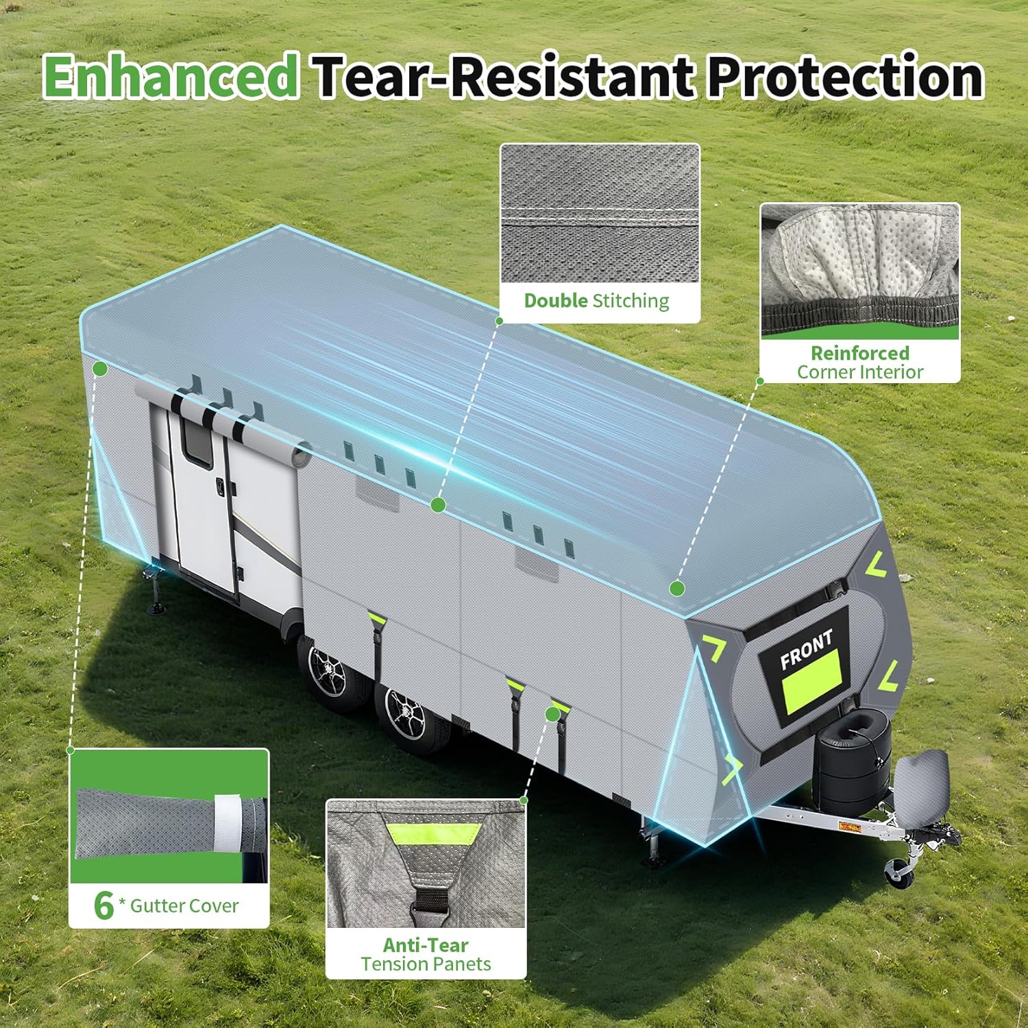 Heavy Duty 8 Layers RV Cover, Rip-Stop Camper Cover with Windproof Straps, Gutter & Tongue Jack Covers, Utility Travel Trailer Cover for All Weather Protection (27-30 FT)