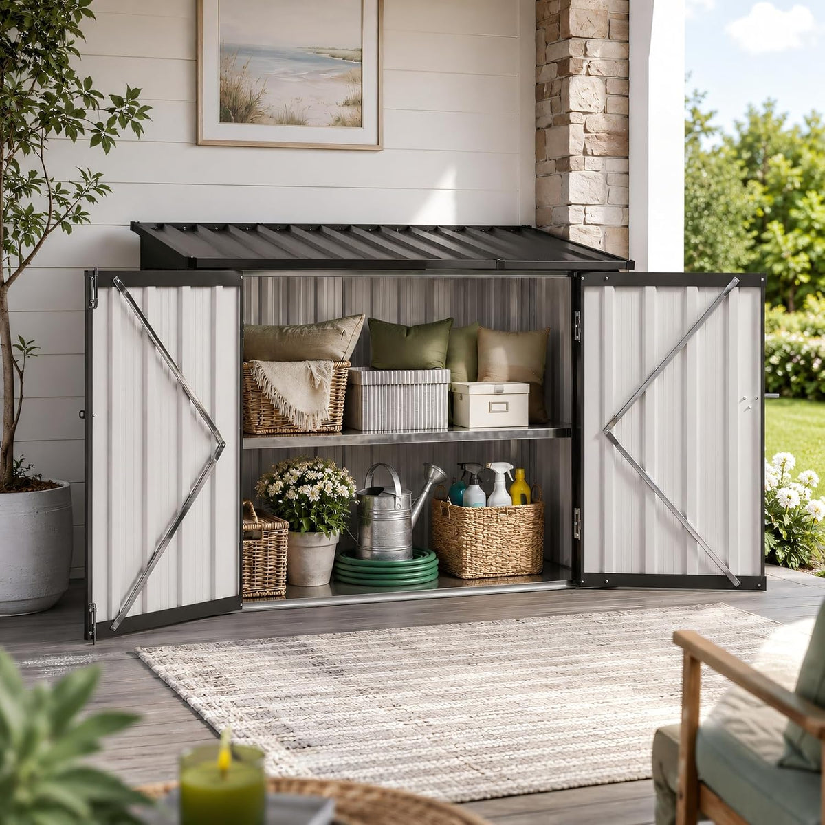 aoxun outdoor storage cabinet 20cu.ft metal storage shed on a desk or shelf