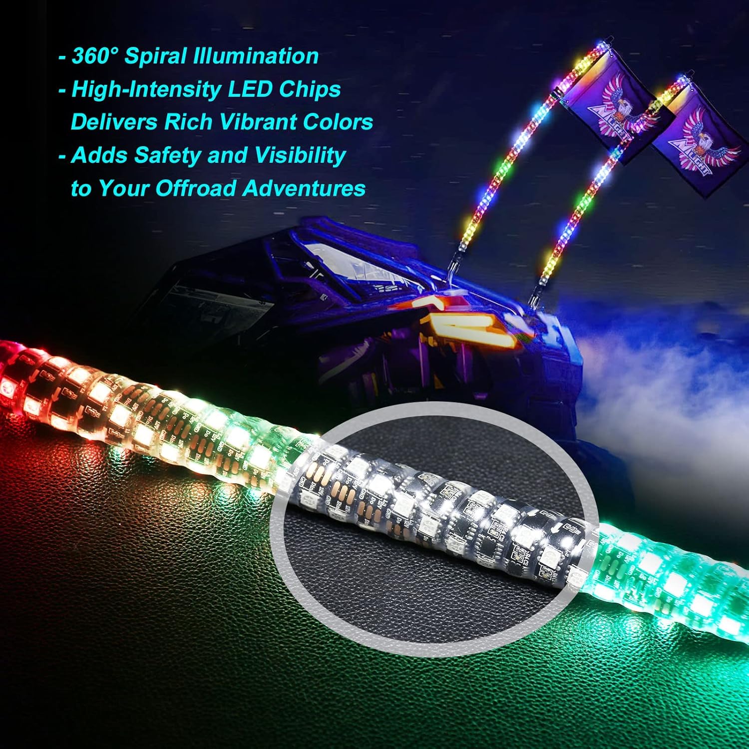 1PCS 3FT LED Whip Lights, Remote & App Control 600 Colors w/Waterproof Spiral Chase Illuminated Antenna Whip for UTV ATV, Polaris RZR, Offroad Vehicles, Trucks, Beach Dune Quad Wheeler Accessories