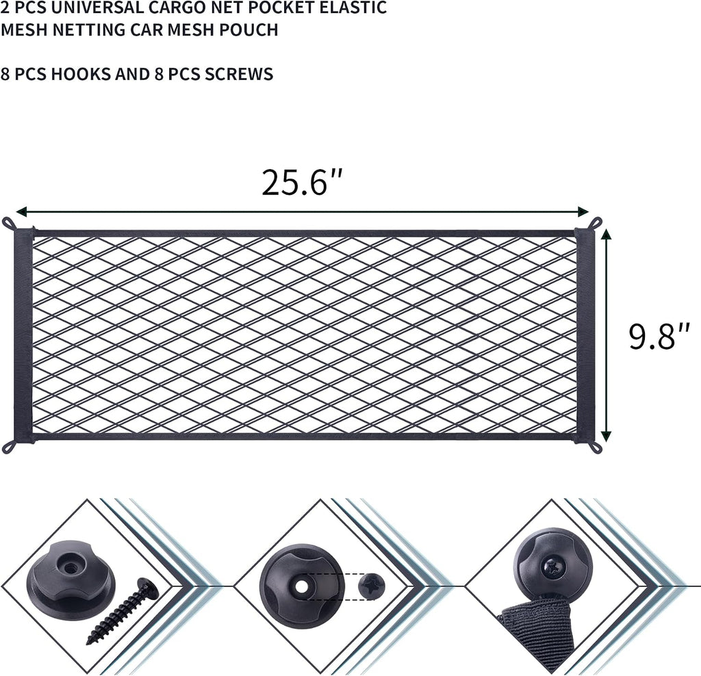 2 Pcs Universal Stretch Mesh Car Mesh Bag with Screws and Hooks for Trunk RV Boats Home Cargo Storage (25.6'' x 9.8'')