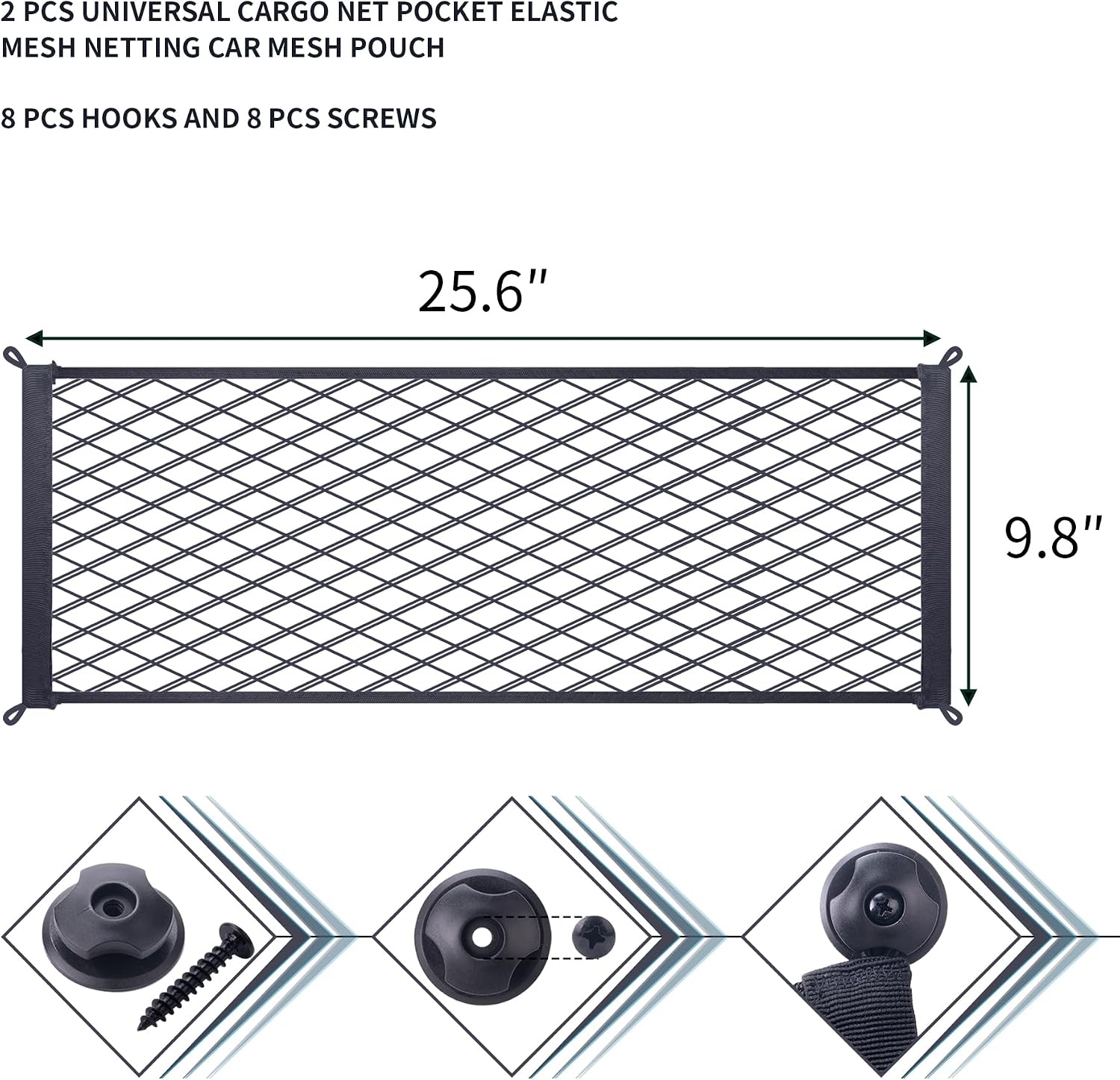 2 Pcs Universal Stretch Mesh Car Mesh Bag with Screws and Hooks for Trunk RV Boats Home Cargo Storage (25.6'' x 9.8'')