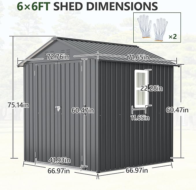 6x6 ft Metal Storage Shed Outdoor, Metal Steel Utility Tool Shed Storage House - Image 2