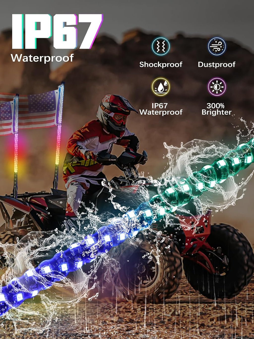 UNI-SHINE 2PCS 3FT LED Whip Lights with Spring Base Spiral RGB Chasing Lights with APP & Remote Control, Music Antenna Whip Light for Can-Am UTV ATV RZR Can-Am SXS Polaris Offroad Truck