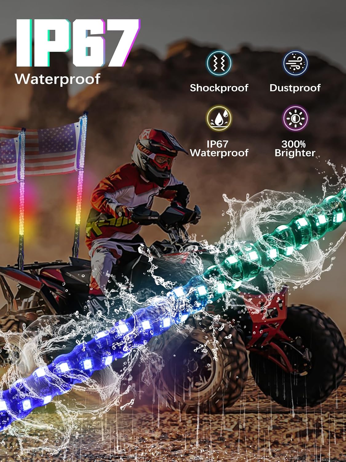 UNI-SHINE 2PCS 3FT LED Whip Lights with Spring Base Spiral RGB Chasing Lights with APP & Remote Control, Music Antenna Whip Light for Can-Am UTV ATV RZR Can-Am SXS Polaris Offroad Truck
